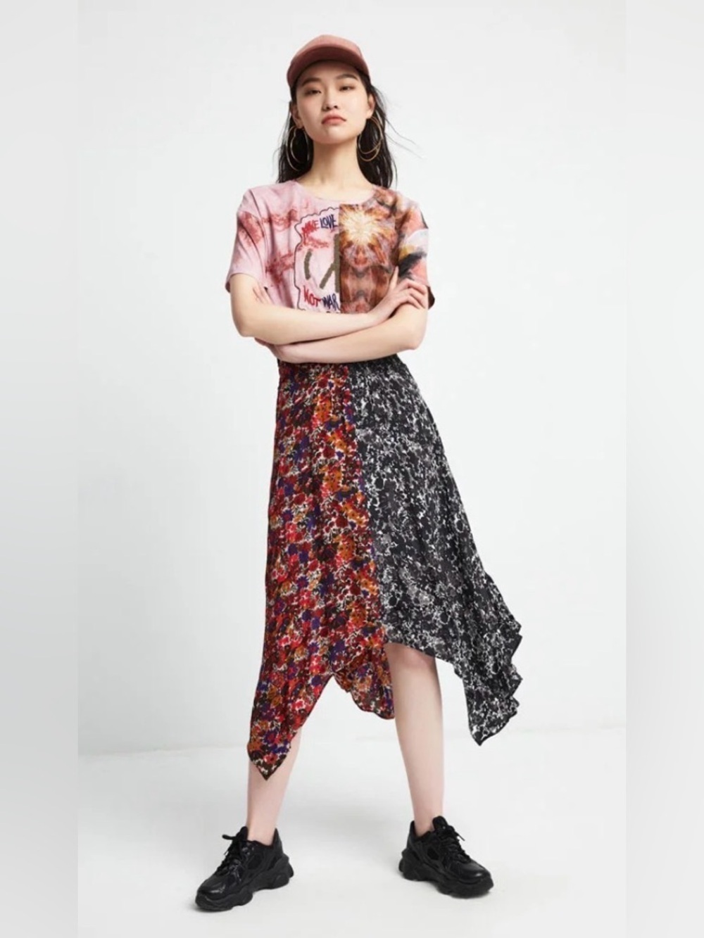 Desigual Asymmetrical Patchwork Midi Dress EU 38 Smocked Waist Boho Statement